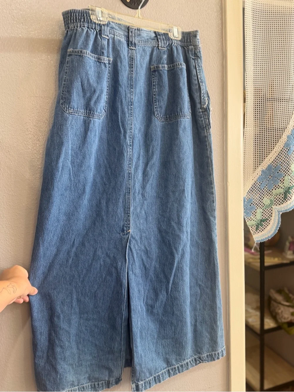 White Stag Blue Denim Maxi Skirt with Embroidered Pockets